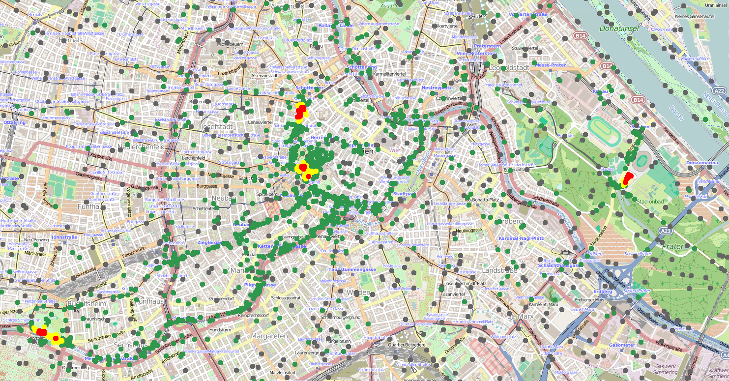 map with green, yellow, and red dots